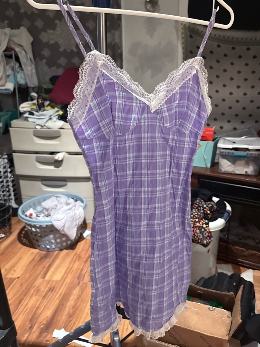 Lavender Plaid Lace-Trim Chemise dress
